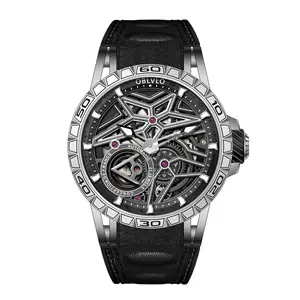 Luxury Automatic Skeleton Watch, Black Case with Red Leather Band, Sport Design