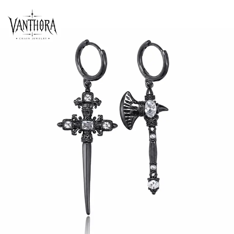 [VA RA] Unisex Black Asymmetric Axe Cross-Emblem Earrings, 925 Sterling Silver Needle, CZ Crystals Goth Cyber Punk Y2K Hip Hop Hoop Earrings, Streetwear Jewelry, Party Concert Gift