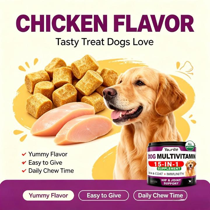 15-in-1 Dog Multivitamin Soft Chews Bulk Pack - Chicken Flavor, Probiotics & Gut Support, Immune Support, 120 Treats