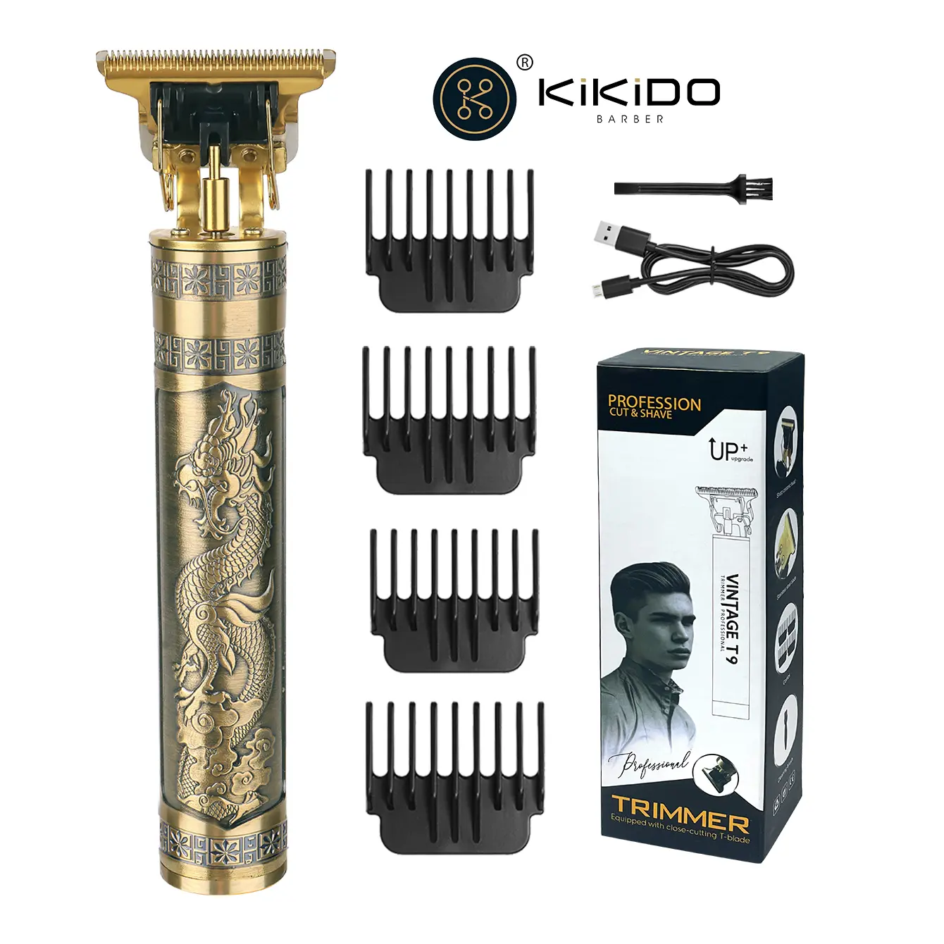 Vintage Golden Dragon & Phoenix Embossed 0-Gap T-Blade Hair Trimmer - USB Rechargeable Cordless Professional Barber Outliner Clipper, Stainless Steel Blade, Hair/Beard Edge Carving Shaver, Precise Cuts, Trim Accurately, Limit Combs