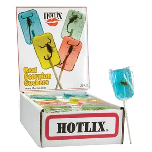 Hotlix Scorpion Suckers 1 Oz Lollipop - Sweet and Hard Candy with Real Scorpion in Apple, Blueberry, Strawberry, and Banana Flavors Snack Bonbon