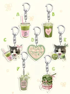 Kawaii Matcha Cat Acrylic Keychain, Cute Heart Matcha Latte Charm, Girlfriends Gift, Matcha Lover Present, Phone Decoration