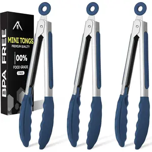 Mini  Kitchen Tongs for Cooking - 7-Inch Small Serving Tongs with  Tips, Set of 3 (Classic Blue)