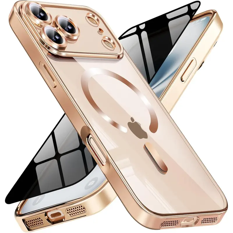 Magnetic for iPhone 17 Pro Max Case with Privacy Screen Protector & Full Camera Cover,[Non-Yellowing] Shockproof Clear Phone Case Compatible with MagSafe Women Girls for iPhone 17 ProMax,Gold