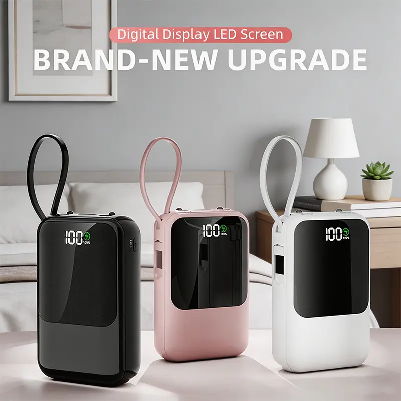 2026Ultra-compact 10000mAh USB-C power bank, compact and lightweight multi-color portable charger for smartphones, multi-port fast charging accessory ideal for travel and gifting, mini power bank with built-in charging cable