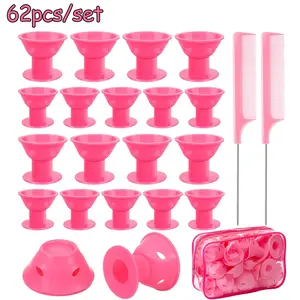 62 pieces of non thermal silicone curling iron set, including 2 combs, 30 large hair curlers and 30 small hair curlers, mushroom bell curlers, reusable female hairstyle design tool, suitable for both long and short hair size curlers