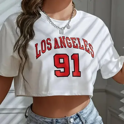 Women's Figure & Letter Print Drop Shoulder Crop Tee, Summer Clothes Women, Fashion Chic Casual Fit Short Sleeve Round Neck T-Shirt for Summer, Graphic Tees, Ladies Clothes for Daily Wear Top, Streetwear