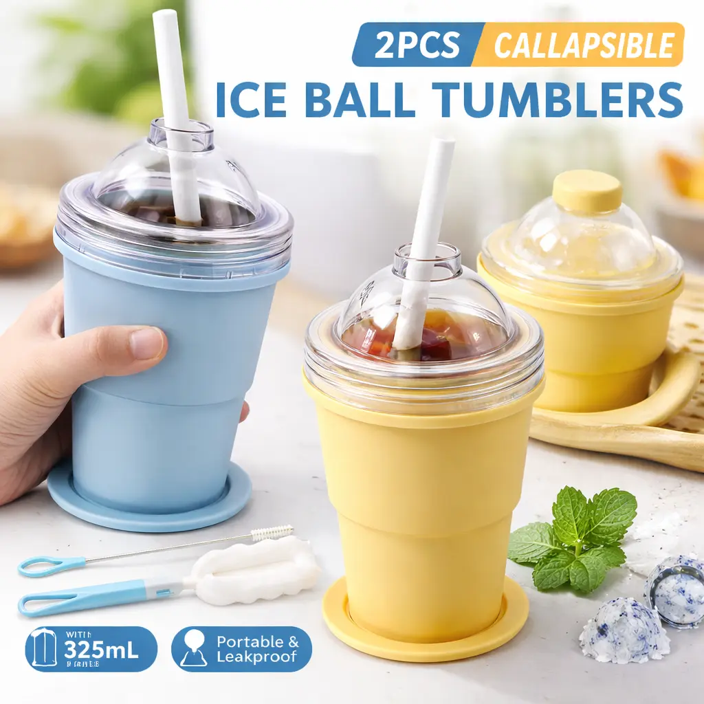 Dual-Use Portable Collapsible Travel Tumbler - Food-Grade Silicone Reusable Cup Insert Water Bottle with Airtight Leak-Proof Lid, 2 Silicone Cups, 6cm Ice Ball, Straw, for Whiskey Lovers, Iced Coffee Addicts, Hiking