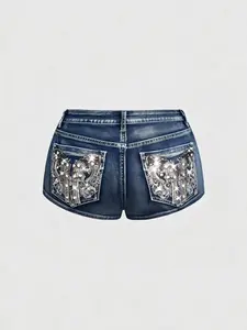 Women's Summer New Arrival Retro Y2K Low Waist Embroidered Rhinestone Jeans Shorts, Party, Date, Music Festival, Nightclub