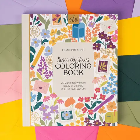 Sincerely Yours Coloring Book Greeting Card & Envelope Set - 20 Original Hand-Drawn Cards, 20 Matching Envelopes, 41 120lb 8.5"x10" Perfect Bound Single-Side Printed Perforated Pages with Fold-Ready Lines for Cut & Fold Fast Crafts, DIY Projects