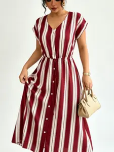 Lady's Shortsleeve V-neck Flowy A-line Casual Wear Maxi Dress - Women's Dresses with Elastic Waist, Drawstring, Front Buttons, Loose Stripe Design, Suitable for Everyday Wear, Vacations