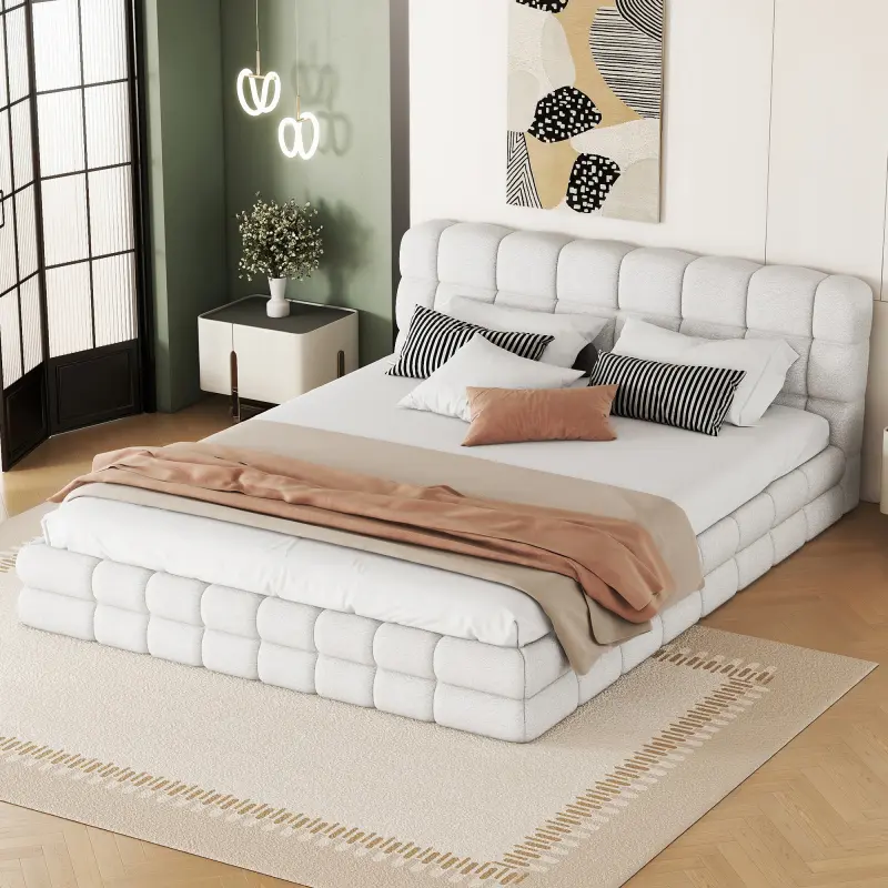 Queen Size Platform Bed Frame with Thick Fabric Headboard, Berber Fleece Floor Bed Frame, Upholstered Grounded Bed Platform Bed Queen Size for Teens Adults Bedroom No Box Spring Needed, White