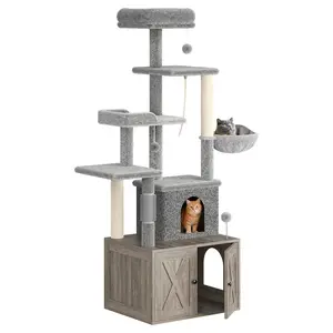 2-in-1 Cat Tree with Hidden Litter Box Enclosure, Large Multi-Level Cat Tower with Sisal Scratching Posts & Hammock, Modern Wooden Cat House Cabinet for Indoor, Space-Saving Furniture for Big Cats, Odor Control, Rustic Brown