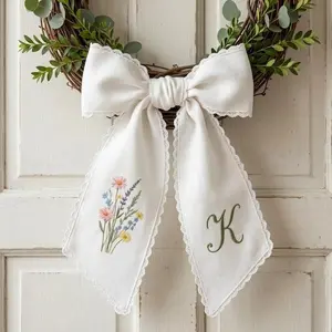 Embroidered Cottagecore Botanical Wreath Sash, Personalized Initials Sash Decor, Floral Welcome Sash, Holiday Door Hanger