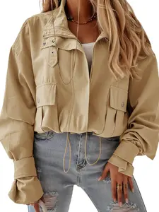 Imily Bela Womens Cropped Bomber Jacket Long Sleeve Zip Up Casual Coats Loose Fit Outerwear with Pockets