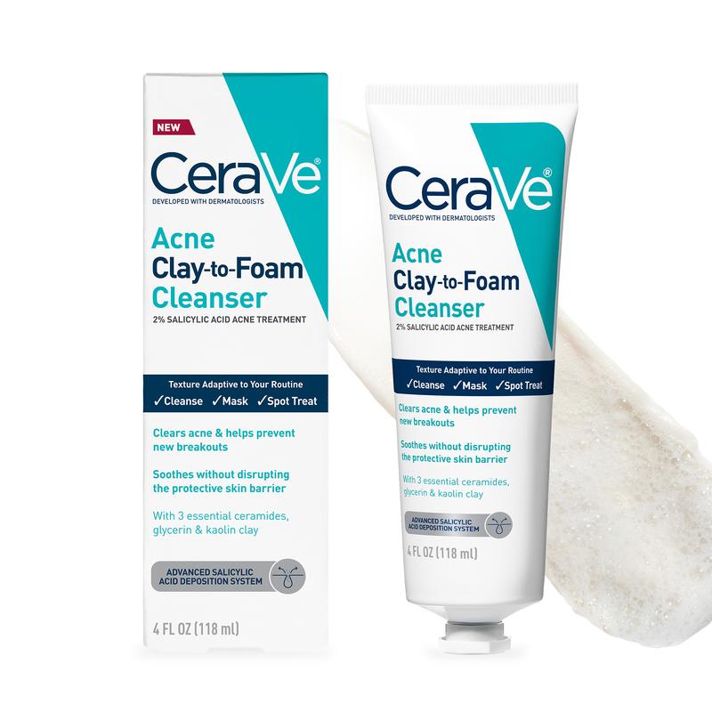 CeraVe Acne Clay To Foam Cleanser 4oz + PM Lotion Bundle