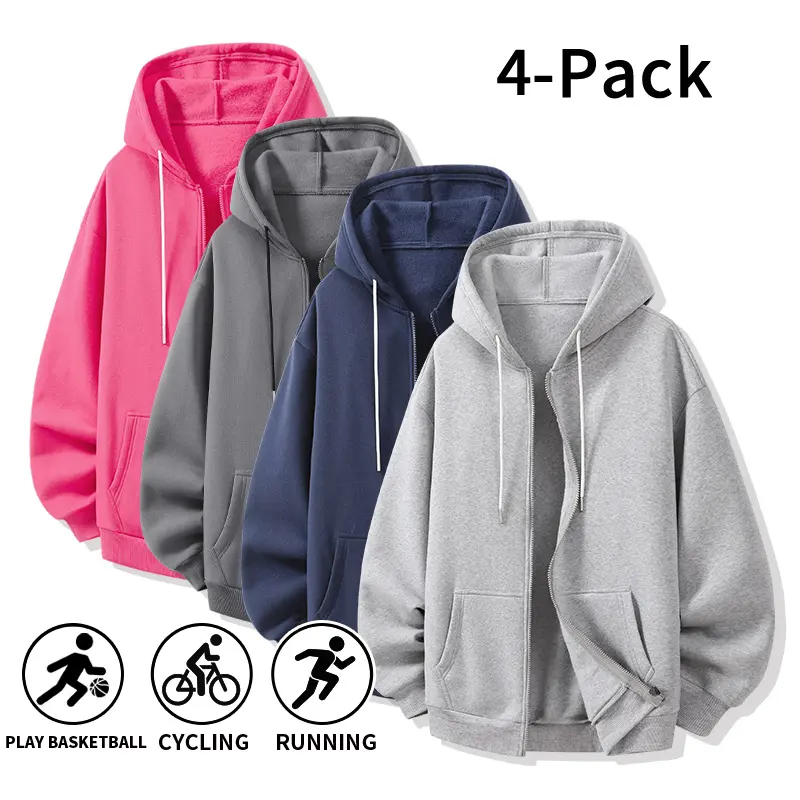 GENJU 4-Pack men’s zip-up hoodies, solid soft fleece, drawstring hood, oversized loose long sleeves, jacket with kangaroo pockets; athletic outfit for basketball, cycling, running, street, everyday wear; colors: hot pink, dark gray, navy, light gray.