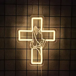 Praying Hands Neon Sign Cross LED Light Suitable for Bedroom, Living Room, Auditorium, Party Decoration Christian Neon Sign Gift for Believers