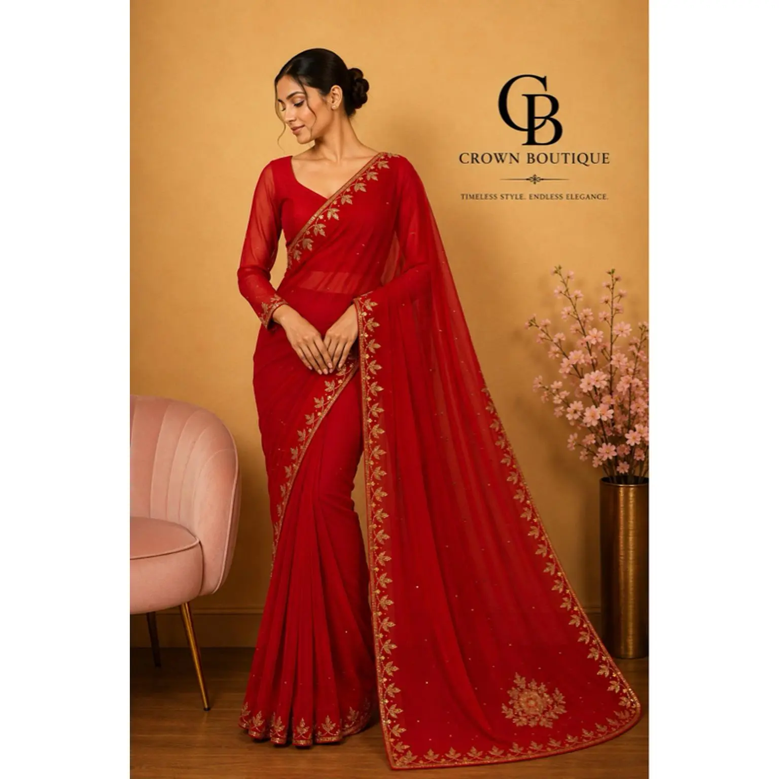 Premium Handwork Boutique Red Saree with Blouse