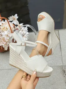 Women's Open-Toe Wedge Sandals, Denim Braided Sole Buckle High Heel, Summer Versatile Shoes, Fashionable Less Than Ankle Height