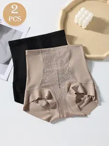 HOTCOM 2Pcs Women's High waist Briefs Lace Style Comfortable & Breathable Underwear Hip Lifting Fashionable Design Suitable For Women's Daily Life High Waisted Panties Soft Comfy Knicker