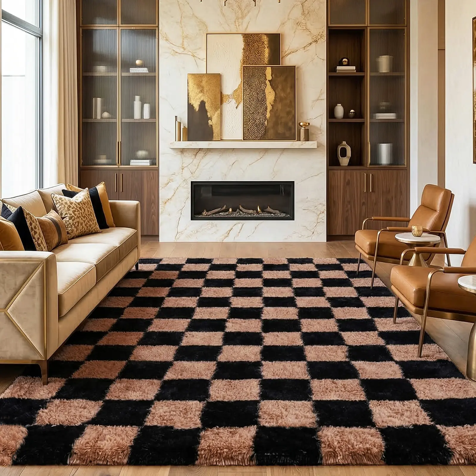 【Back to School】PLUMLIK Black Camel Checkered Shag Area Rug for Bedroom, Soft High Pile Silk Carpet for Living Room, Modern Decorative Floor Carpet, Non-Slip, Contemporary Home Decor, Cozy Aesthetic style furry Rug, Graduation Gifts, Rug Core Gifts