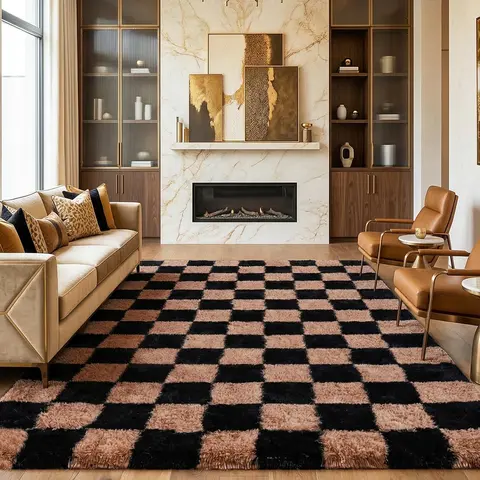 【Moving Season】PLUMLIK Black Camel Checkered Shag Area Rug for Bedroom, Soft High Pile Silk Carpet for Living Room, Modern Decorative Floor Carpet, Non-Slip, Contemporary Home Decor, Cozy Aesthetic style furry Rug, Christmas Gifts, Rug Core Gifts, Moder