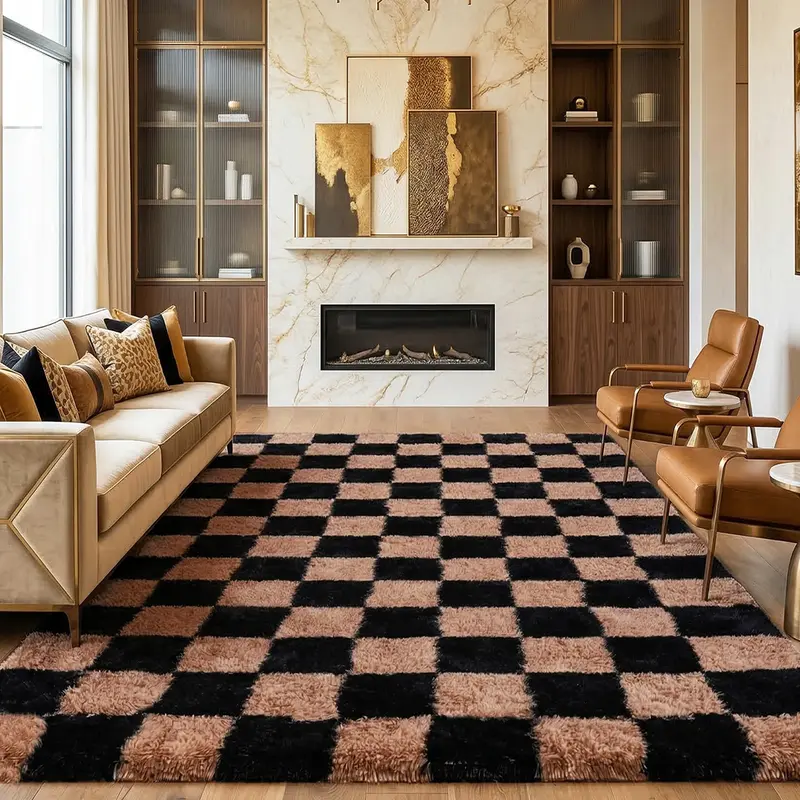 【Moving Season】PLUMLIK Black Camel Checkered Shag Area Rug for Bedroom, Soft High Pile Silk Carpet for Living Room, Modern Decorative Floor Carpet, Non-Slip, Contemporary Home Decor, Cozy Aesthetic style furry Rug, Christmas Gifts, Rug Core Gifts, Moder