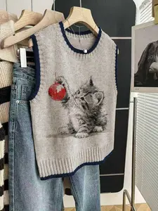Women's Casual Loose-Fitting Round Neck Sleeveless Knit Top, Cute Cat Print Deep Blue Edge, Fall & Winter Fashion Outerwear