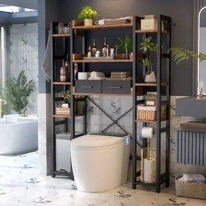 Over The Toilet Storage with 2 Drawers - 11 Tier Bathroom Organizer Freestanding Space Saver Storage Rack with Adjustable Shelf Above Toilet Stand with 4 Hooks for Restroom, Laundry