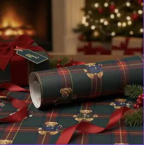 Christmas, Dark Tartan Plaid Wrapping Paper, Teddy Bear , Masculine Gift Wrap, Christmas Wrapping Paper Holiday