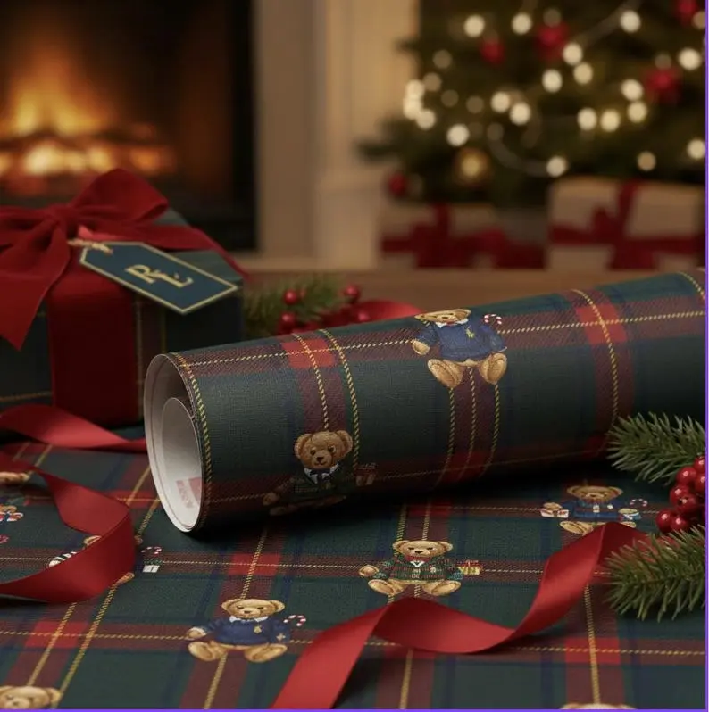 Christmas, Dark Tartan Plaid Wrapping Paper, Teddy Bear , Masculine Gift Wrap, Christmas Wrapping Paper Holiday