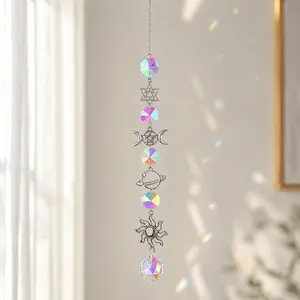 Crystal Wind Chime Dreamcatcher: Sunlight Catcher Geometric Rainbow Prism Outdoor Decor Bohemian Sun Moon Wall Hanging Handcrafted Windchime Gift for Garden Window Patio Party Christmas Home Decor