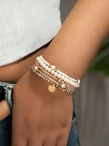 5-piece Set of Fashionable and Versatile Styles, 5-piece Set of Bead Bracelets for Women, Simple Weaving, Elastic Glass Beads, Round Pendant Jewelry, Party Vacation Bracelet Set