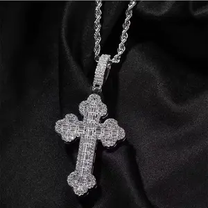 Hip Hop Iced Out Cross Pendant Necklace, Full Paved Religious Charm for Unisex Streetwear, Customizable with Engraving