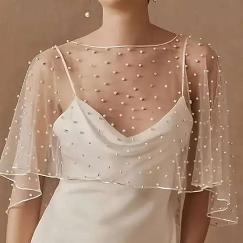 Elegant Wedding Shawl with Faux Pearls, Breathable Mesh Material, Fashionable Short Style, Perfect Bridal Accessory