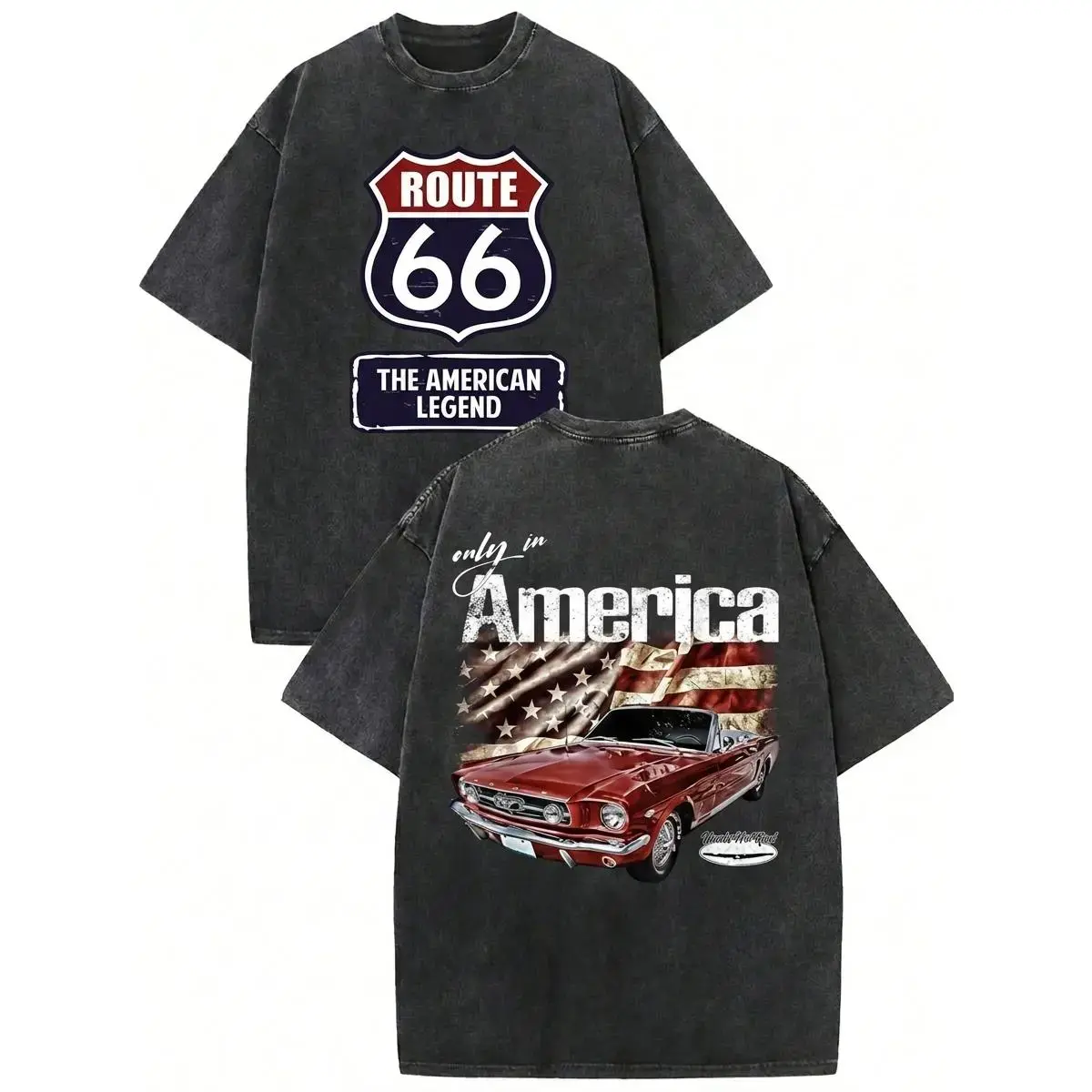 Men's Route 66 Classic Car Vintage Washed Aesthetic Distressed Round Neck Short-Sleeve Oversized T-Shirt, American Flag Streetwear, Americana Muscle Car Biker Grunge Big & Tall Nostalgic Summer Gym Essential Holiday Gift, Tshirt