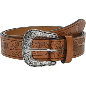 Graduation Gift Western-Belt-for-Women-Cowgirl, PU-Leather-Waist-Belts with Vintage-Carved-Buckle and Tips-Ends for Jeans Pants Dresses