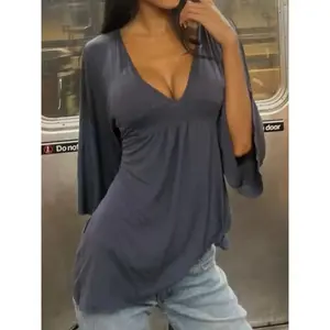 Women's V Neck Ruched Batwing Sleeve Fall Winter Y2k Casual Basic Tee, Lady Comfortable Long Sleeve Top Casual Boho SleeveRAIMENTRY