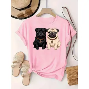 Cute Pug Graphic T-Shirt, Crew Neck Casual Outfit, Funny Animal Printed Comfort Short Sleeve Top, Fashion Sporty Daily Outfit, Perfect Valentine’s Day & Holiday Gift For Her