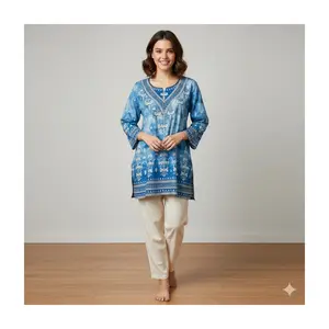 Indigo Floral Tunic Top | Boho Kurti (Top-60) 3/4 Sleeve, Easy Fit | Autumn Style