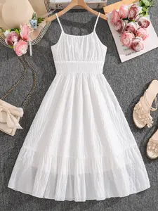 Girls Strapless Dress with Textured Details, Simple Comfortable Design for Daily Wear, Perfect for Street Style and Vacation
