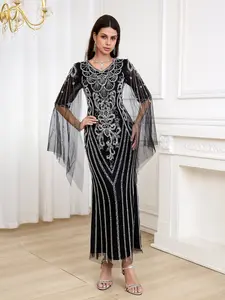 1920s Art Deco Beaded Evening Gown, Sheer Sleeves, Elegant V-Neck Sequin Long Dress, Perfect for Formal Parties 88112