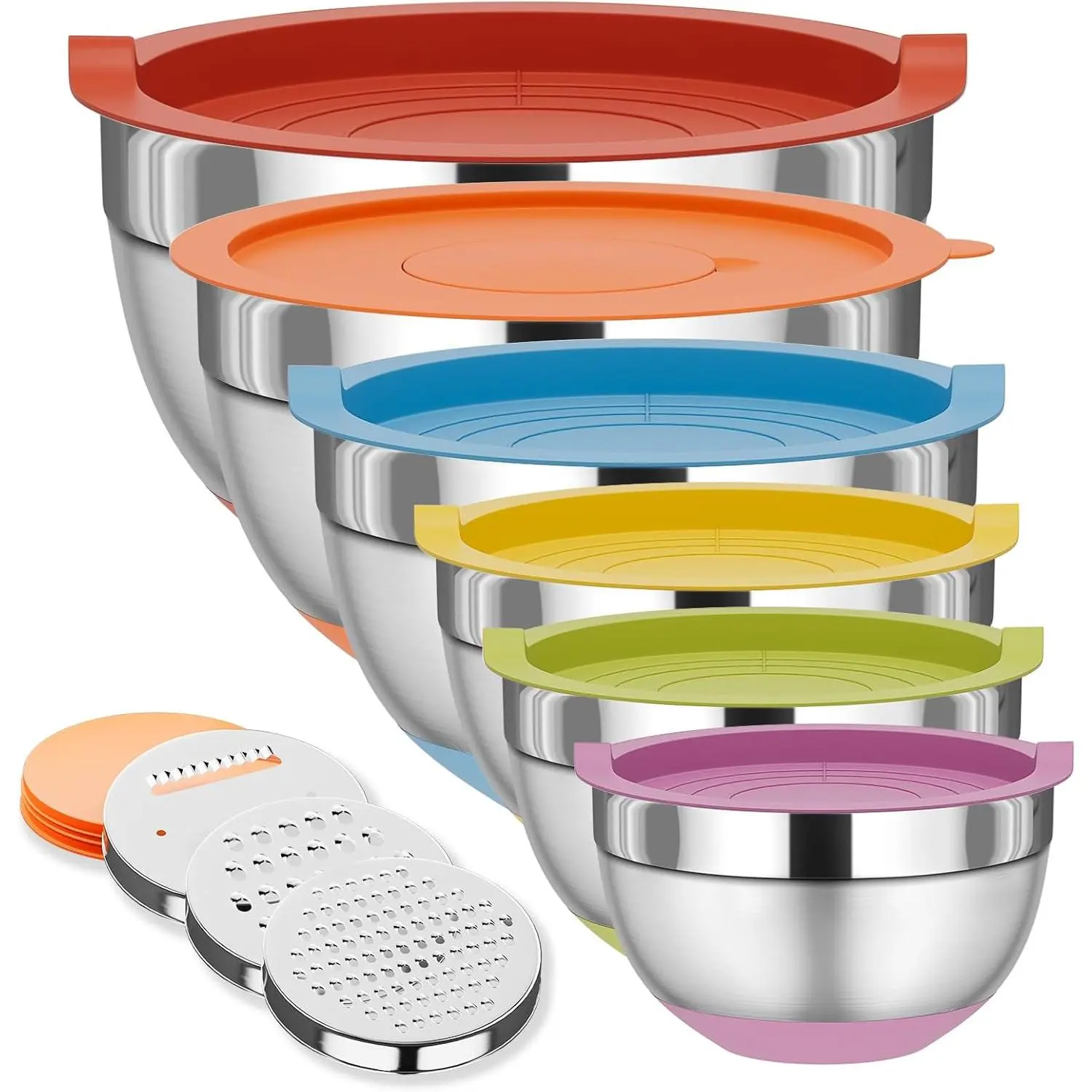 6-Piece Stainless Steel Mixing Bowls with Lids Set - Kitchen Supplies, Nesting Storage Bowls with 3 Grater Attachments & Non-Slip Bottoms, Sizes 5.5,3.5,2.5,2.1,1.5,1.1 QT, Tableware