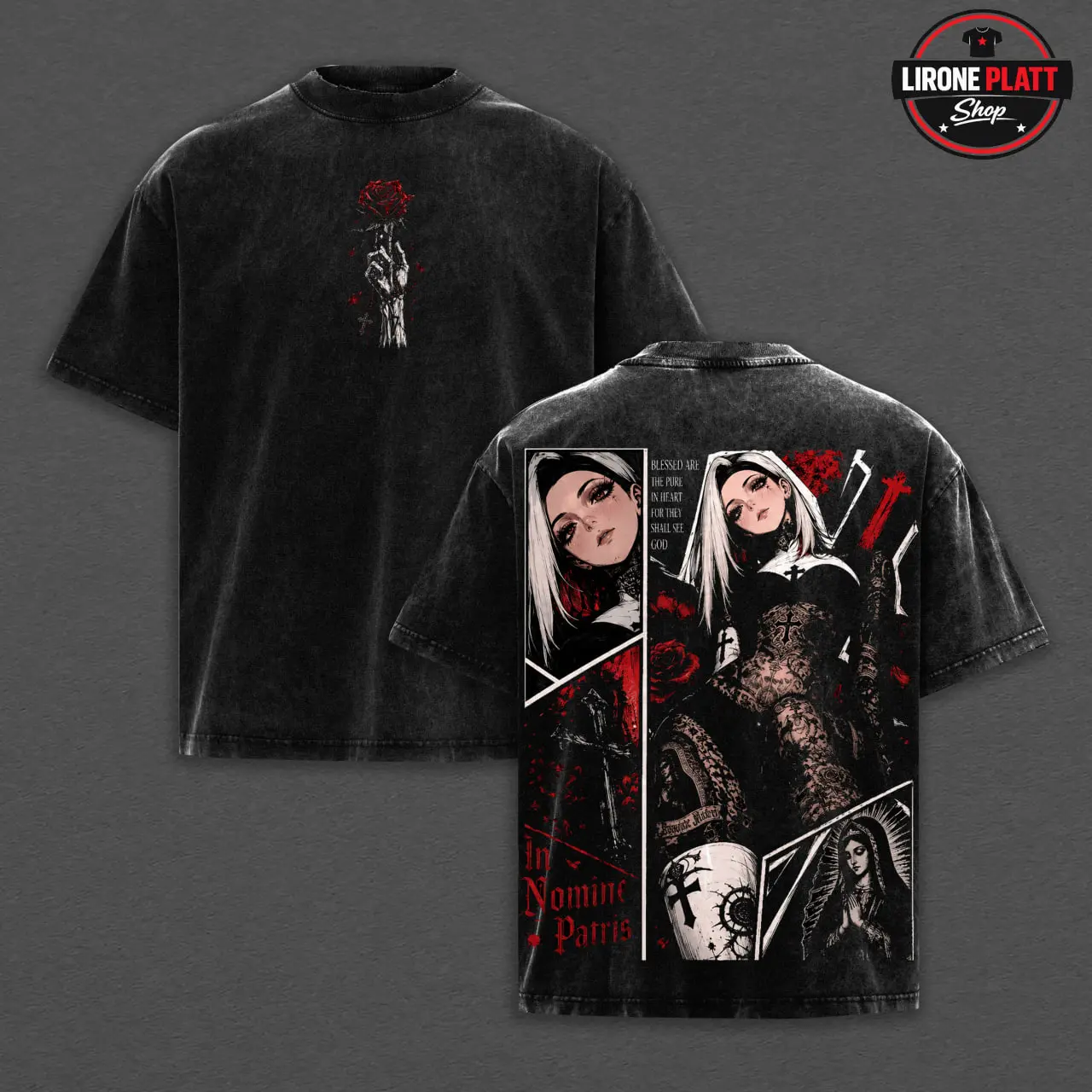Men's Gothic Nun Anime Washed Oversized Casual Round Neck Short-Sleeve Menswear T-Shirt - Dark Religious Manga Graphic Double-Sided Vintage Streetwear Apparel, Soft Fabric Tops