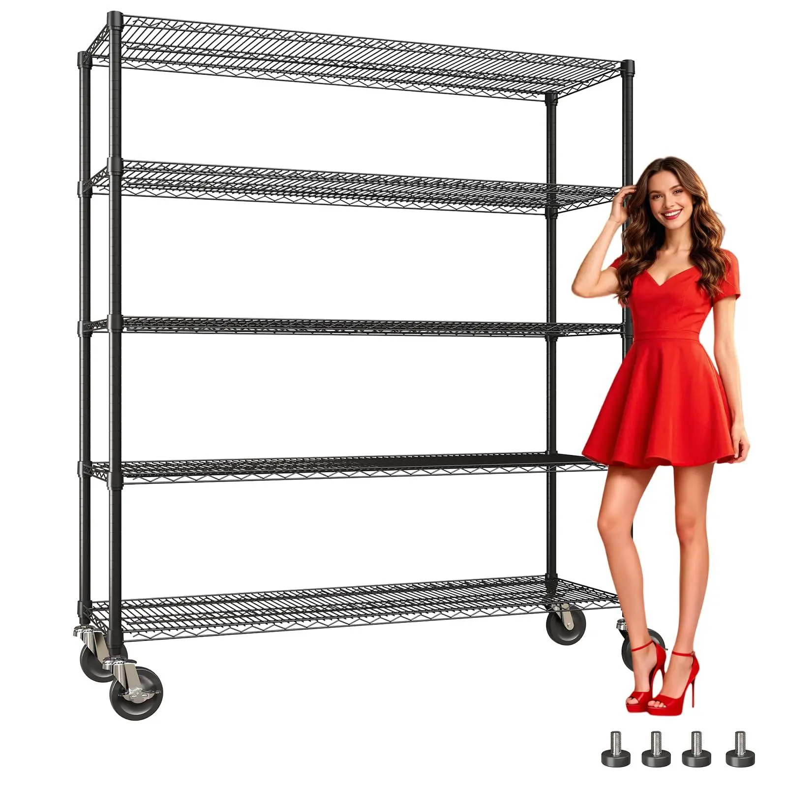 5-Tier Rolling Metal Storage Shelving Unit, 73" H × 59" W × 17.1" D, 3300 LBS Heavy Duty Adjustable Wire Shelf with Wheels & Leveling Feet, Black Multipurpose Rack for Garage, Kitchen, Basement & Home Storage
