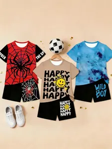 Bestselling Boys' Short Sleeve Casual Set, 6-Piece Spider Web Letter Smile Print, Ideal for Outdoor Activities, Perfect Gift for Holidays and Birthdays