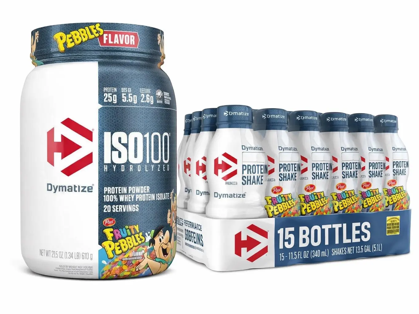 Dymatize ISO100 Hydrolyzed Fast-Absorbing Protein Powder & 15 Edible Fruity Pebbles Shake Bottles Combo - Fitness Supplement for Muscle Repair, Recovery, Vegetarian Option