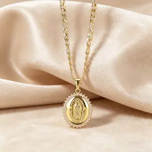 Catholic Virgin Mary Necklace for Women 14K Gold Plated Virgen de Guadalupe Necklace Mother Mary Cubic Zirconia Virgin Mary Pendant Catholic Jewelry for Women Charm Gifts