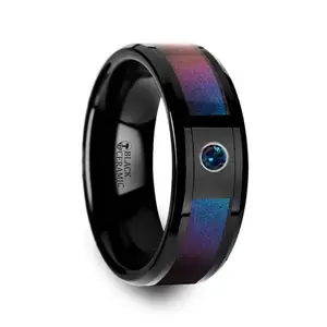 KLEIN Black Ceramic Ring with Blue & Purple Color Inlay and Alexandrite Setting - 8mm
